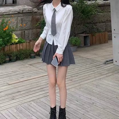 Preppy Bandage Basic White Shirt Women Slim Long Sleeve Cute Top School Button Down Tunic Shirts Blouse Female Casual Lady