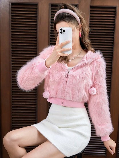 Pink soft and cute girl's short plush hooded top, sweet and cool girl's lantern sleeve cardigan hooded jacket