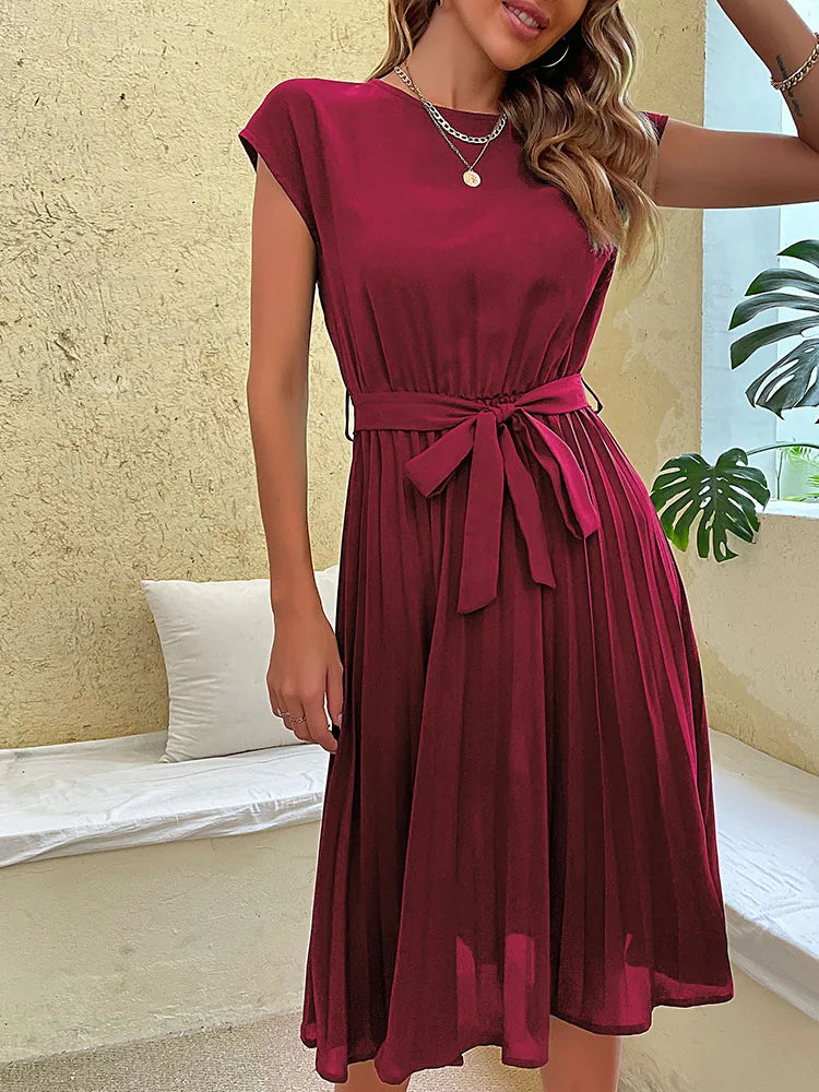 Elegant Women Summer Casual Beach Sundress Short Sleeve Pleated Midi Dress Soild Colour O Neck Tunic Dresses Fashion