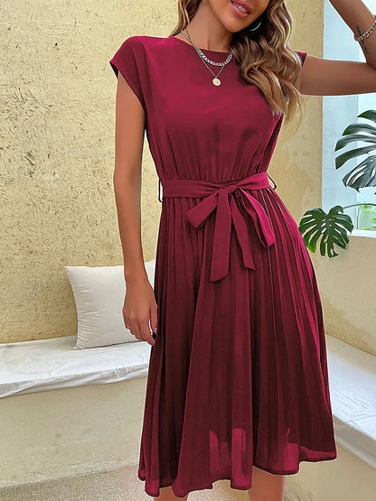 Elegant Women Summer Casual Beach Sundress Short Sleeve Pleated Midi Dress Soild Colour O Neck Tunic Dresses Fashion