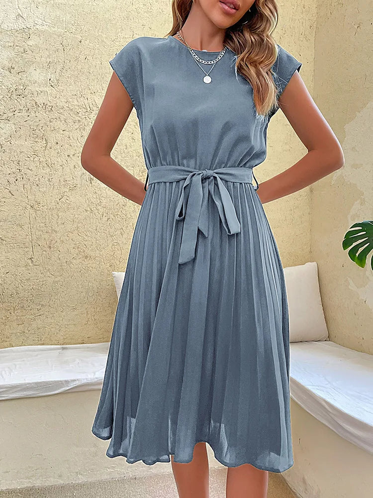 Elegant Women Summer Casual Beach Sundress Short Sleeve Pleated Midi Dress Soild Colour O Neck Tunic Dresses Fashion