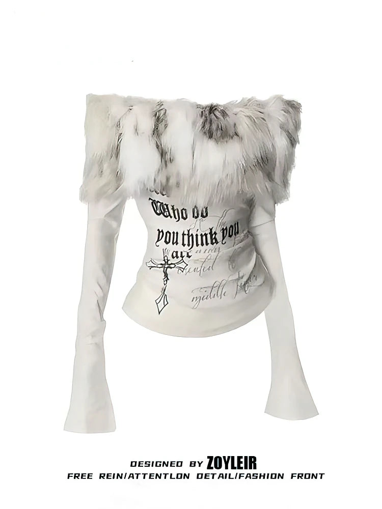 Luxury Fur Graphic Long sleeve T shirt Y2k Women Autumn Winter Off shoulder Tops 2000s Vintage Basic Blouse Tees White Shirt