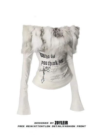 Luxury Fur Graphic Long sleeve T shirt Y2k Women Autumn Winter Off shoulder Tops 2000s Vintage Basic Blouse Tees White Shirt