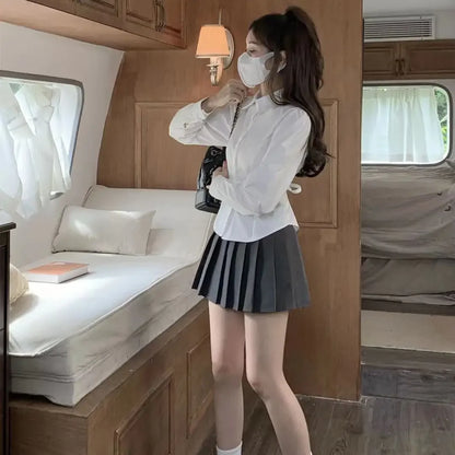 Preppy Bandage Basic White Shirt Women Slim Long Sleeve Cute Top School Button Down Tunic Shirts Blouse Female Casual Lady