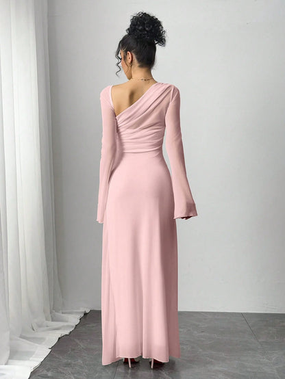 New spring/summer women's pink tulle explosion slim irregular diagonal shoulder ultra long dress