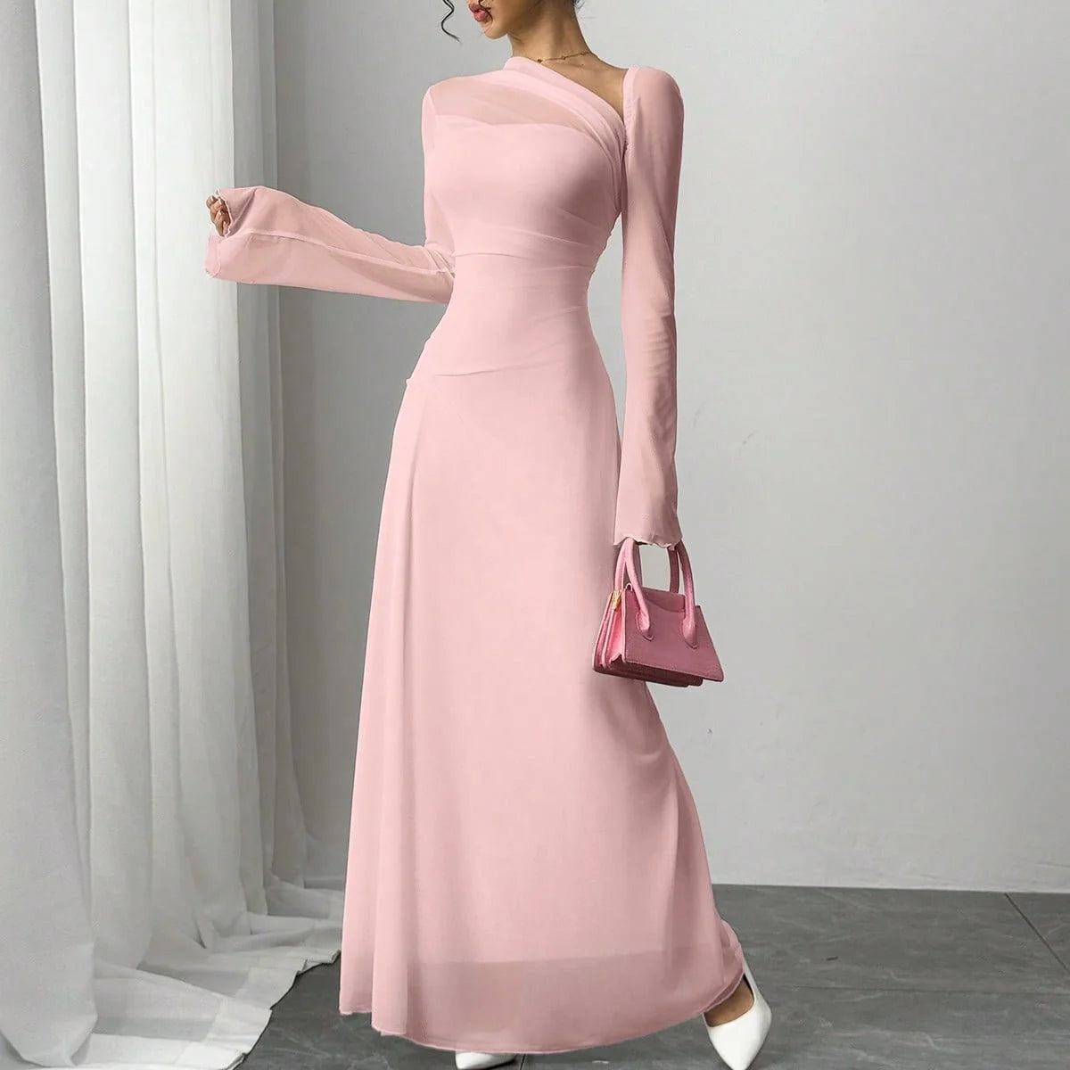 New spring/summer women's pink tulle explosion slim irregular diagonal shoulder ultra long dress