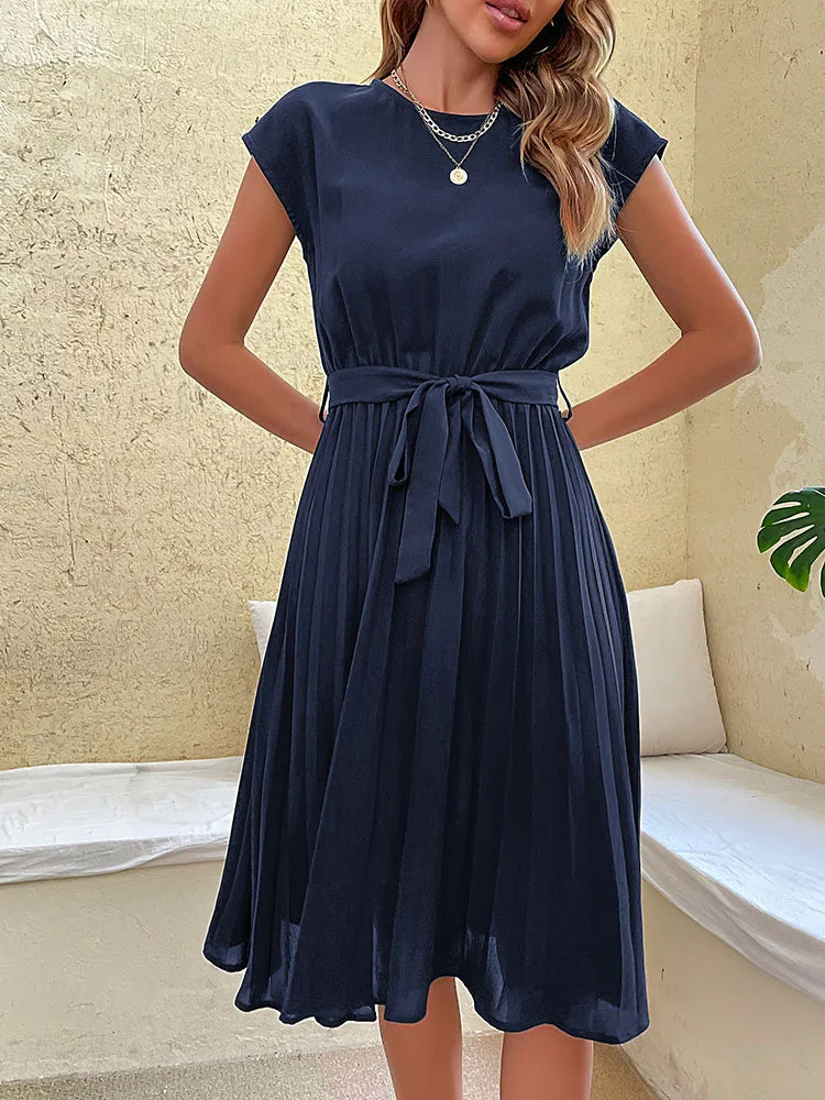 Elegant Women Summer Casual Beach Sundress Short Sleeve Pleated Midi Dress Soild Colour O Neck Tunic Dresses Fashion