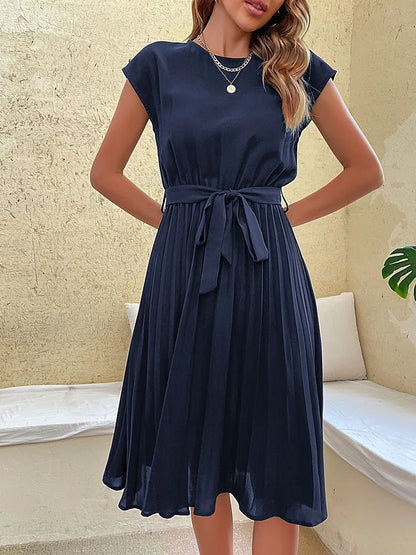 Elegant Women Summer Casual Beach Sundress Short Sleeve Pleated Midi Dress Soild Colour O Neck Tunic Dresses Fashion